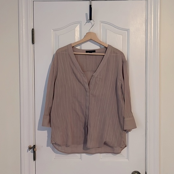 AllSaints | Wairyn Button Down Split Neck Blouse Shirt Size 4 Neutral Cotton - Picture 6 of 11